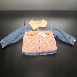 Kids Floral Denim Jacket with Sherpa Collar